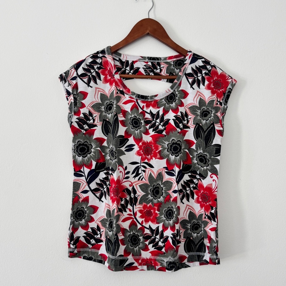 T by Talbots Floral Cap Sleeve Tee Top Red Black Gray Size MP